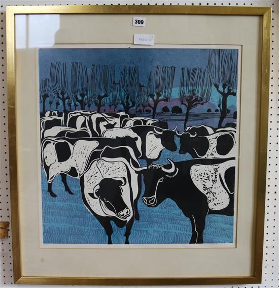 Trevor Kemp, coloured etching, Cows, 14 of 50